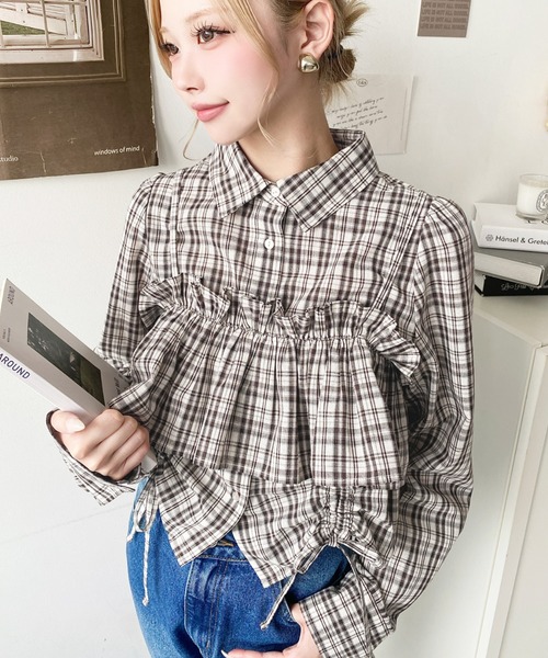 moment+ ブラウス シャツ フリルビスチェセット裾ドロストリボン長袖