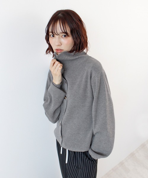 ニット セーター ボタンデザイン2WAYハイネックニット レディース