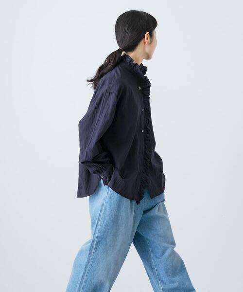 かぐれ ブラウス シャツ コットンリネンフリルカラーシャツ レディース