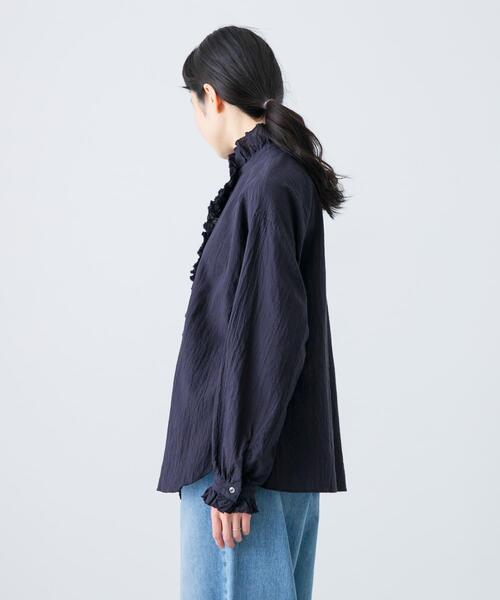かぐれ ブラウス シャツ コットンリネンフリルカラーシャツ レディース