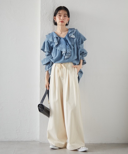 RANAN（ラナン） ブラウス シャツ ビッグカラーフリルデニムブラウス