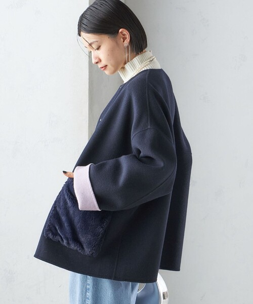 SHIPS（シップス） ノーカラーコート コート リバー ファー ポケット