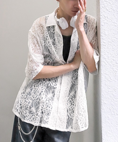 LUXSTYLE（ラグスタイル） シャツ フラワーレース開襟半袖シアーシャツ