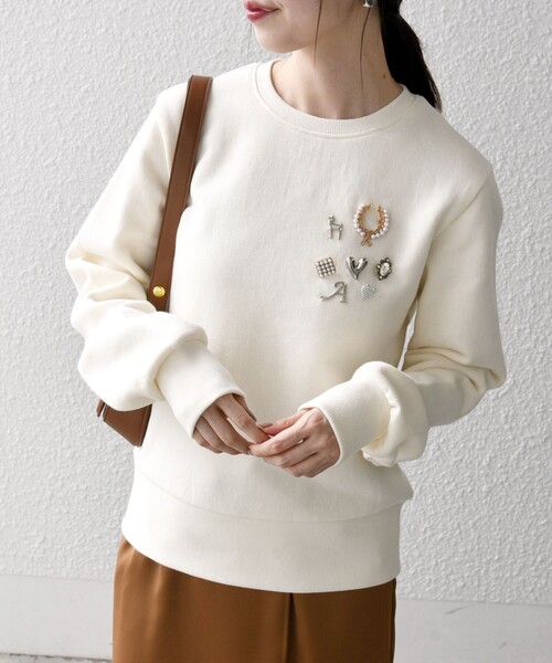 SHIPS any トレーナー スウェット any:「手洗い可能」裏起毛 ビジュー