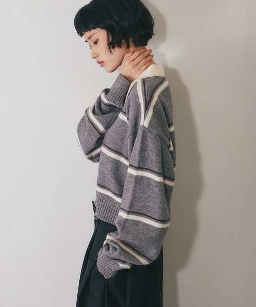 ニット セーター 配色ストライプポロニット レディース : ZOZOTOWN