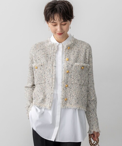 ジャケット ノーカラージャケット ツイード ニット レディース