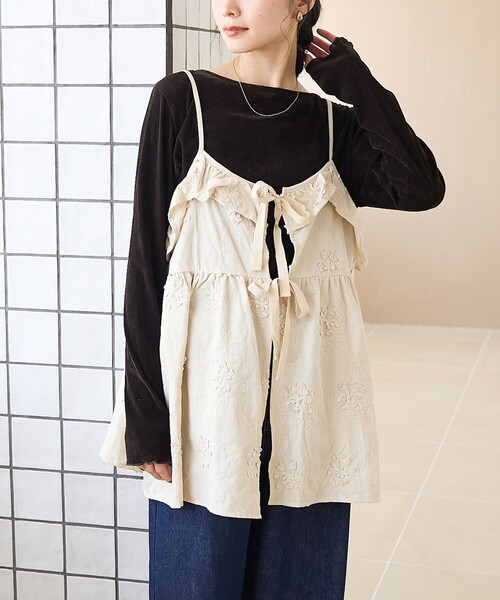 coen（コーエン） キャミソール 3Dフラワー刺繍 コーデュロイ