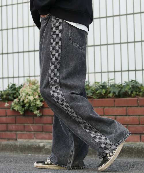 ジーンズ チェックサイドライン フリンジ ケミカルウォッシュデニム