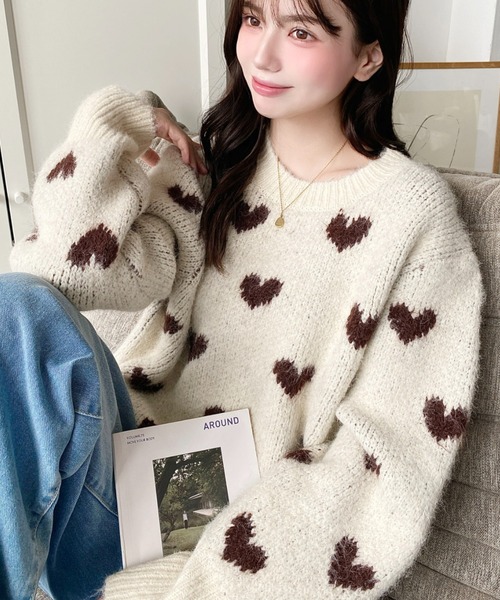 moment+ ニット セーター Wジャガードハート柄フェザーニットプル