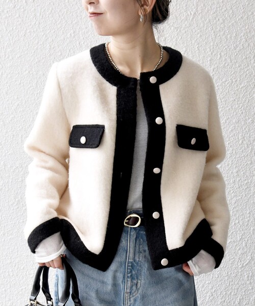 SHIPS any ジャケット ノーカラージャケット any: バイカラー クルー