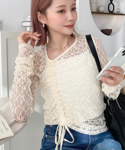 moment+ tシャツ アシンメトリードロスト袖くしゅくしゅ長袖ストレッチ