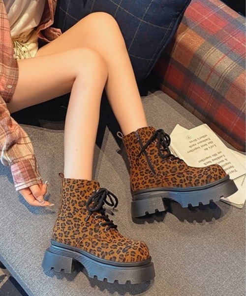 CANVAS+ ブーツ 「CANVAS+」厚底レオパード柄編み上げショートブーツ