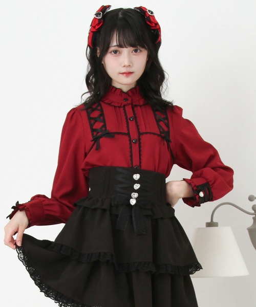 DearMyLove ブラウス シャツ レースアップフリル襟ブラウス レディース