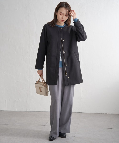 IKKA LOUNGE ノーカラーコート コート ウールライクストレッチフード