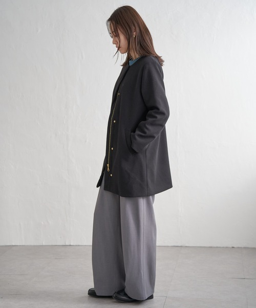 IKKA LOUNGE ノーカラーコート コート ウールライクストレッチフード