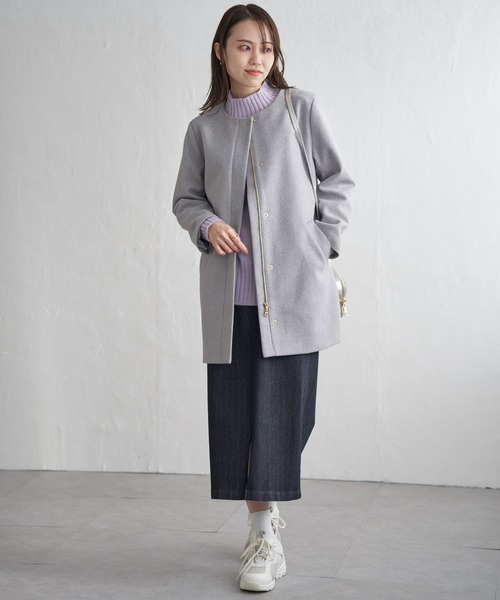 IKKA LOUNGE ノーカラーコート コート ウールライクストレッチフード