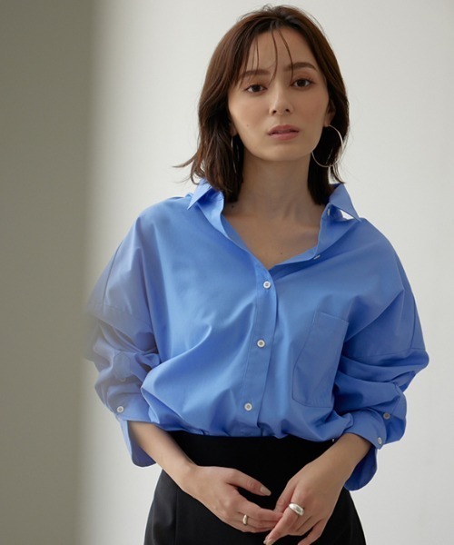 anuansライトブルー デコルテギャザーブラウス 長袖シャツ