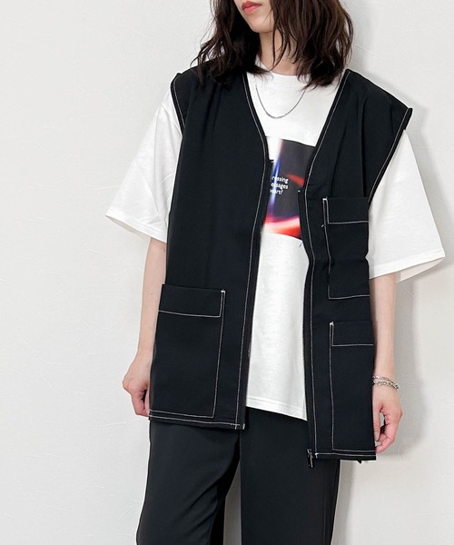 ベスト ジレ ポリエステル 配色ステッチZIPベスト レディース メンズ