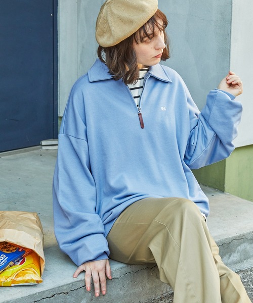トレーナー スウェット ナンバリングワンポイント刺繍ハーフジップ