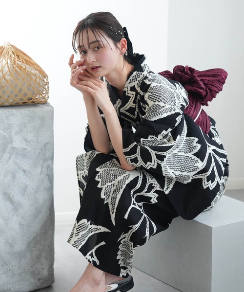 utatane 浴衣 手染め注染浴衣3点セット utatane×注染工房 赤坂紬 黒地