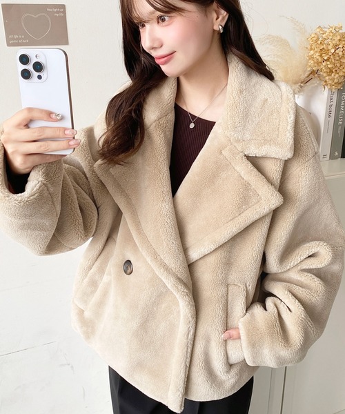 moment+ ピーコート pコート きれい目テディベアボアショート丈Pコート