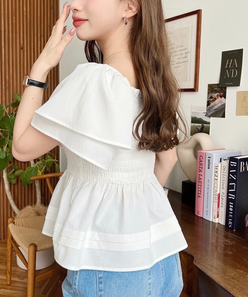 moment+ ブラウス シャツ シフォンジョーゼット半袖フリルシャーリング