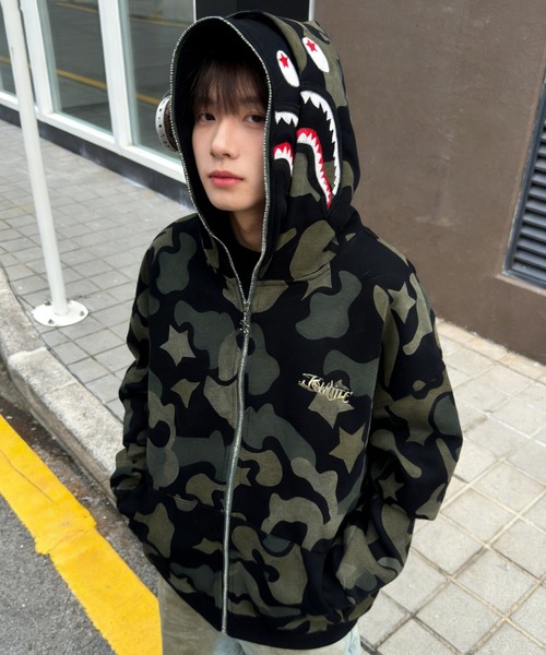 GEMEDA パーカー シャークデザイン カモフラ柄 ジップアップパーカー