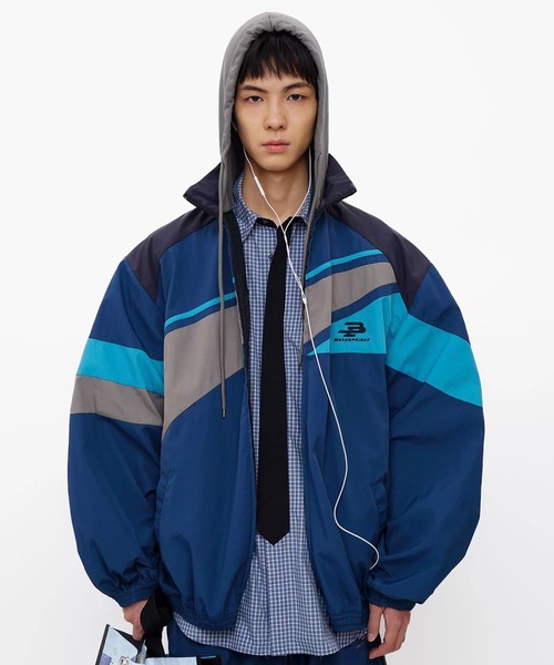 MASONPRINCE ナイロンジャケット オーバーサイズ フード付き ブロック