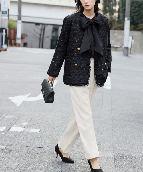 ELFRANK ジャケット ノーカラージャケット ツイードフリンジノーカラー