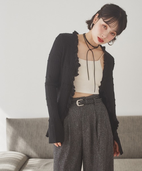 カーディガン front frill lib knit cardigan /フロントフリル
