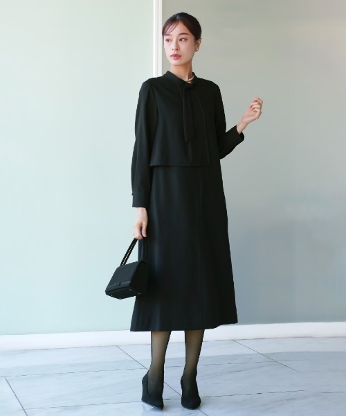 ワンピース 「洗濯機で洗える」喪服/アシンメトリーボウタイデザイン