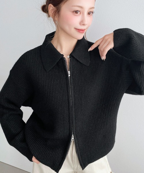 moment+ カーディガン ダブルジップえり付きざっくりニット