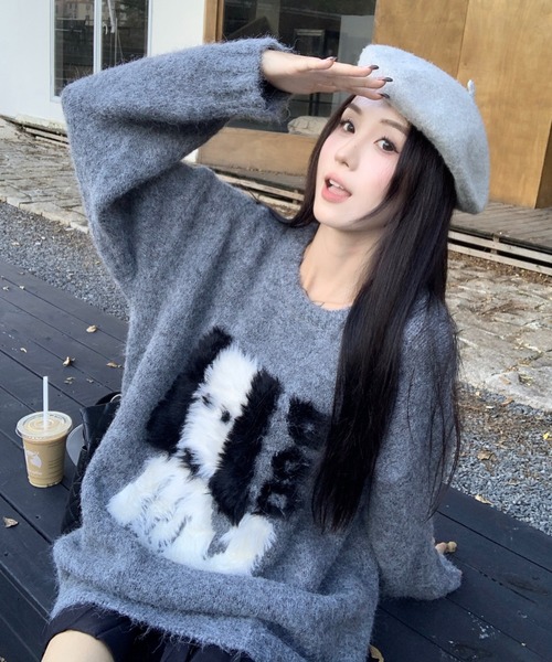 DIAVEL ニット セーター DOG柄ジャカードニットプルオーバー