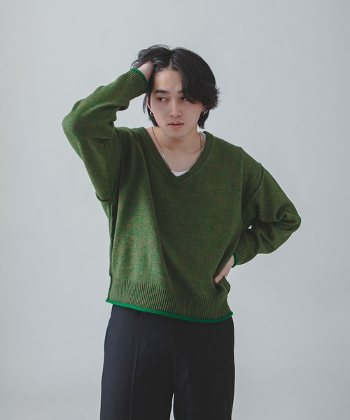 ZIP FIVE -White Line- セーター ニット 「White Line」 杢 Vネック