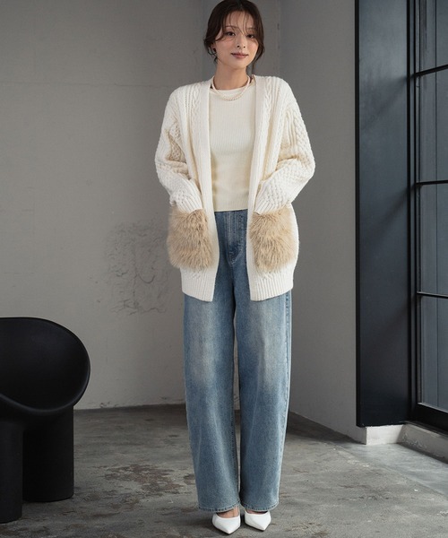 ELFRANK カーディガン ファーポケット ケーブルニットカーディガン