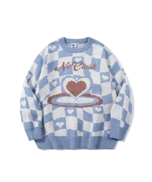 セーター ニット 「HOOK」ハートと市松模様ニット風スウェット メンズ