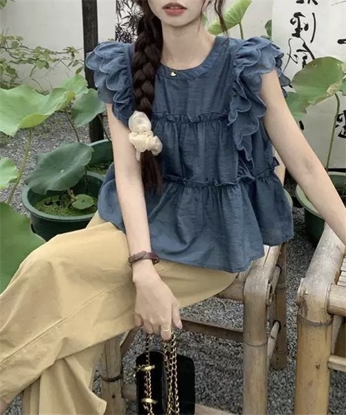 FREE STYLISTS ブラウス シャツ スカラップ肩フリルブラウス