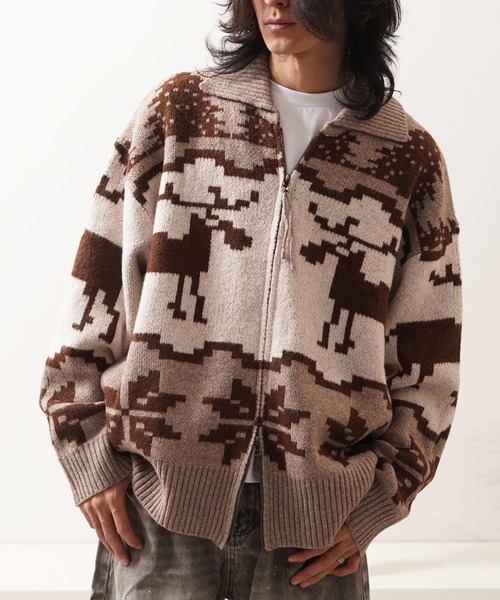 カーディガン ダブルZIP ノルディック ルーズ カウチンニット / Double