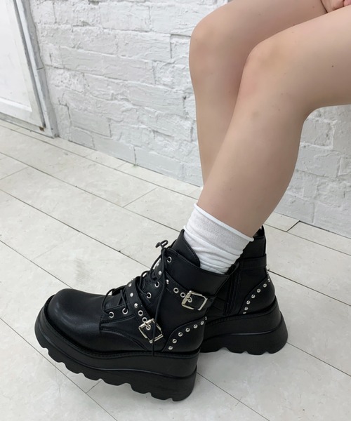 lilful ブーツ スタイル盛れ ダブルベルト スタッズアクセント レース