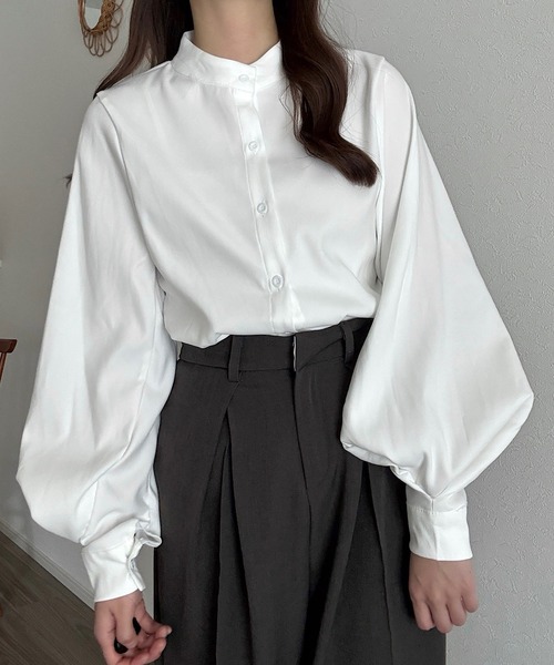 Cham. ブラウス シャツ バンドカラーバルーンスリーブシンプルシャツ
