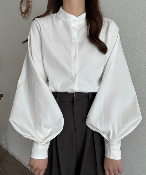 Cham. ブラウス シャツ バンドカラーバルーンスリーブシンプルシャツ
