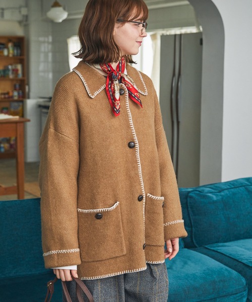 カーディガン ブランケットステッチ襟付きニットジャケット