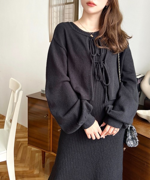 moment+ ワンピース 「セットアップニット」前後2WAYリボンミックス