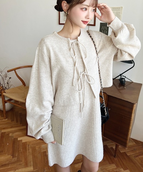 moment+ ワンピース 「セットアップニット」前後2WAYリボンミックス