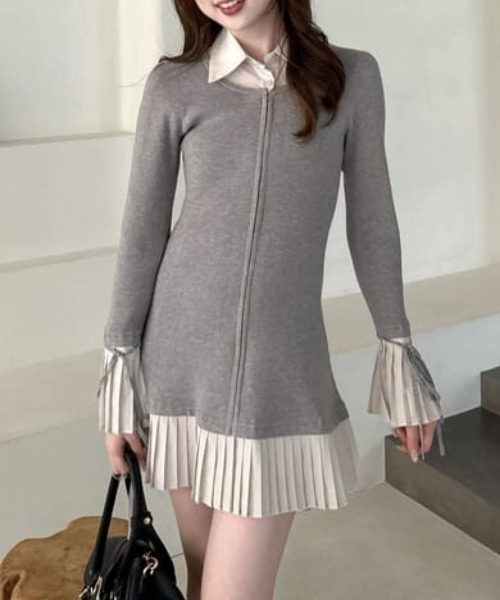 rienda（リエンダ） ワンピース レイヤードパターンシャツニットミニ