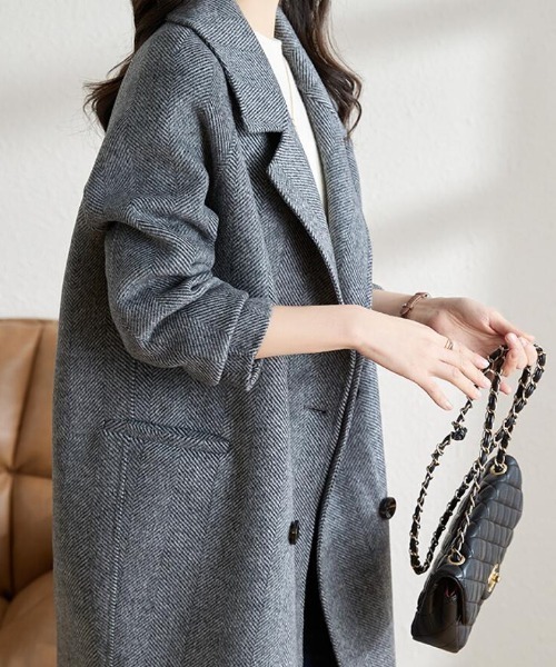 コート アウター ヘリンボーン柄 ダブルブレストコート レディース