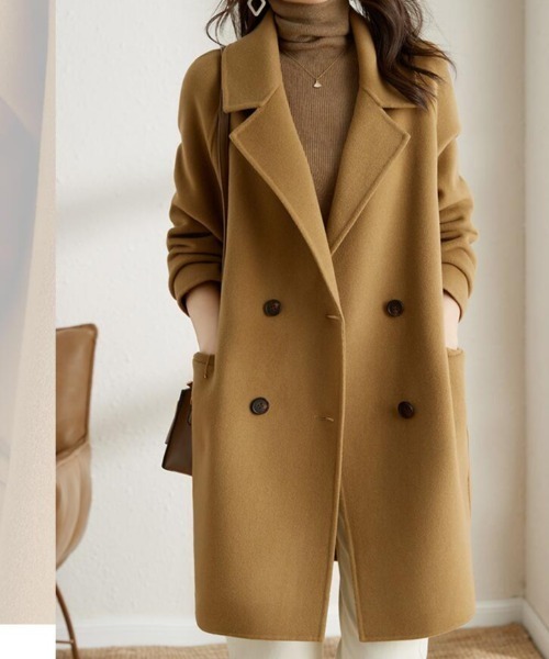 コート アウター ヘリンボーン柄 ダブルブレストコート レディース