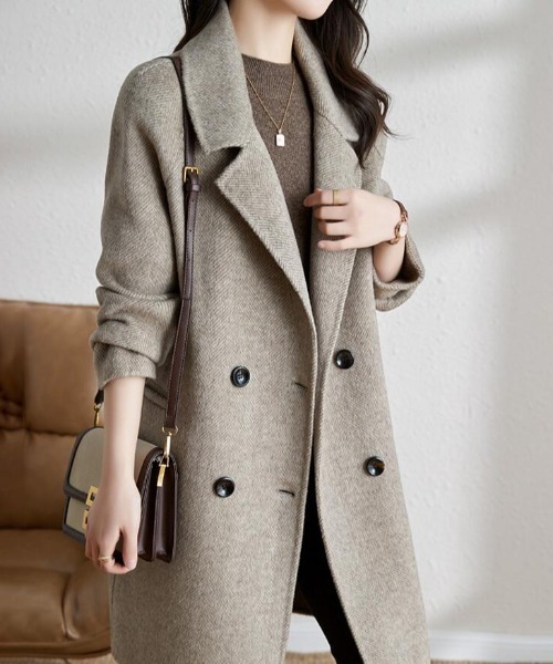 コート アウター ヘリンボーン柄 ダブルブレストコート レディース