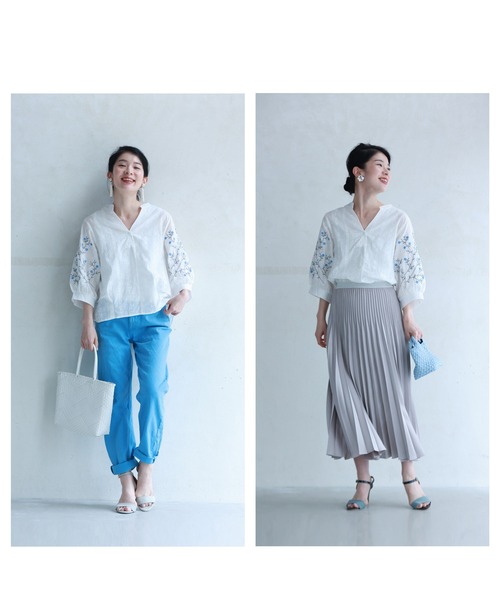 cawaii ブラウス シャツ 袖に咲く青い花刺繍のブラウストップス