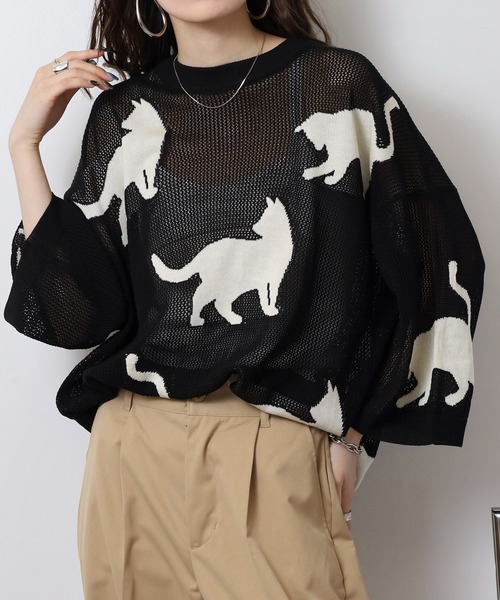 CIAO（チャオ） ニット セーター 歩くネコ シアーニット 半袖